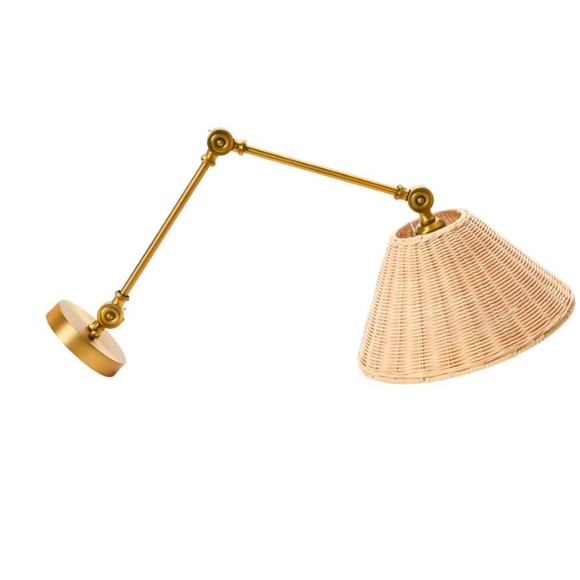 STYLISH BOHO ADJUSTABLE BRASS WALL SCONCE WITH BEIGE RATTAN SHADE‎ - NEW IN BOX - Picture 3 of 6